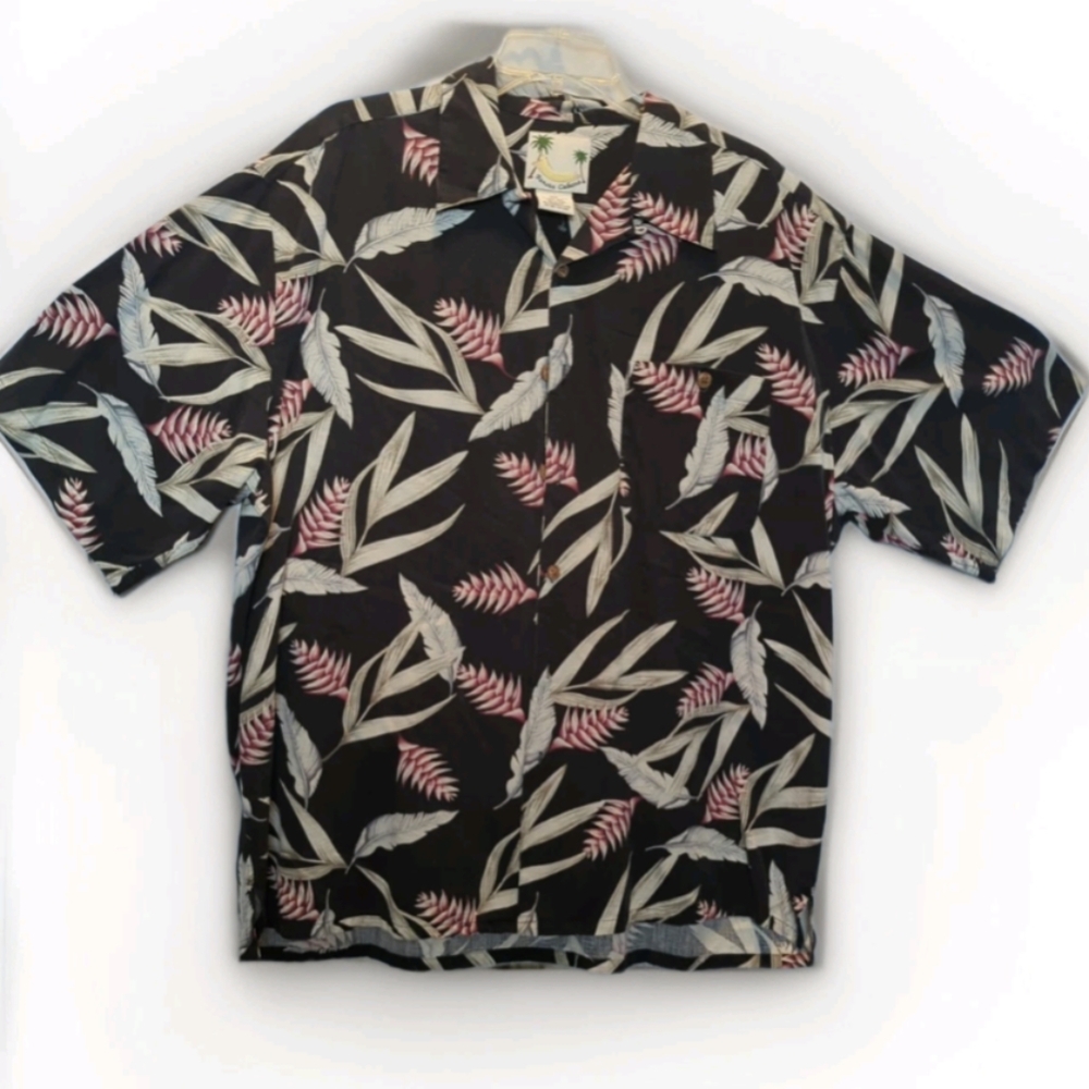 Banana Cabana Men's XL Floral Hawaiian Shirt 100% Silk Button-Up Short Sleeve